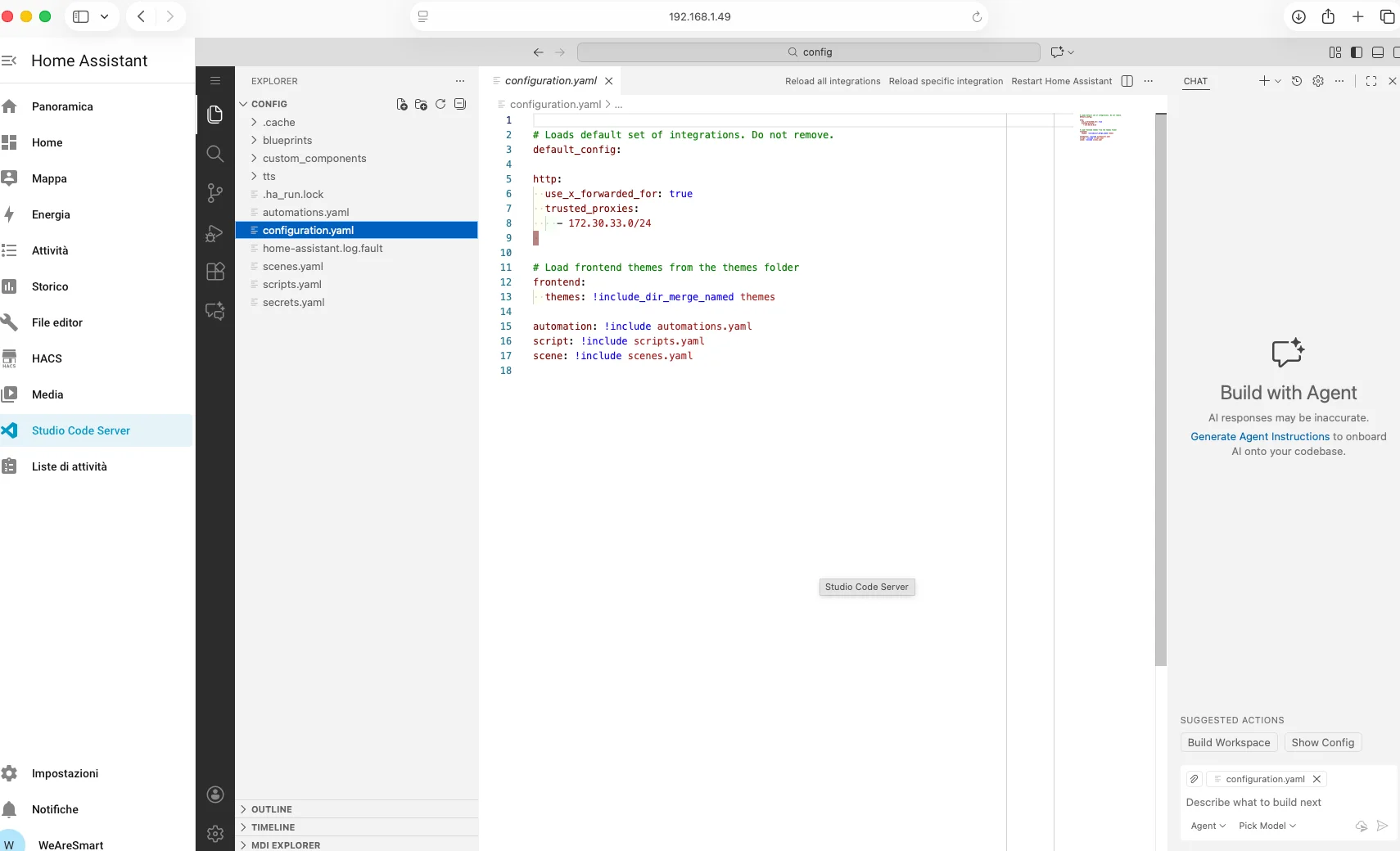 Studio Code Server in funzione su Home Assistant, interfaccia VS Code nel browser