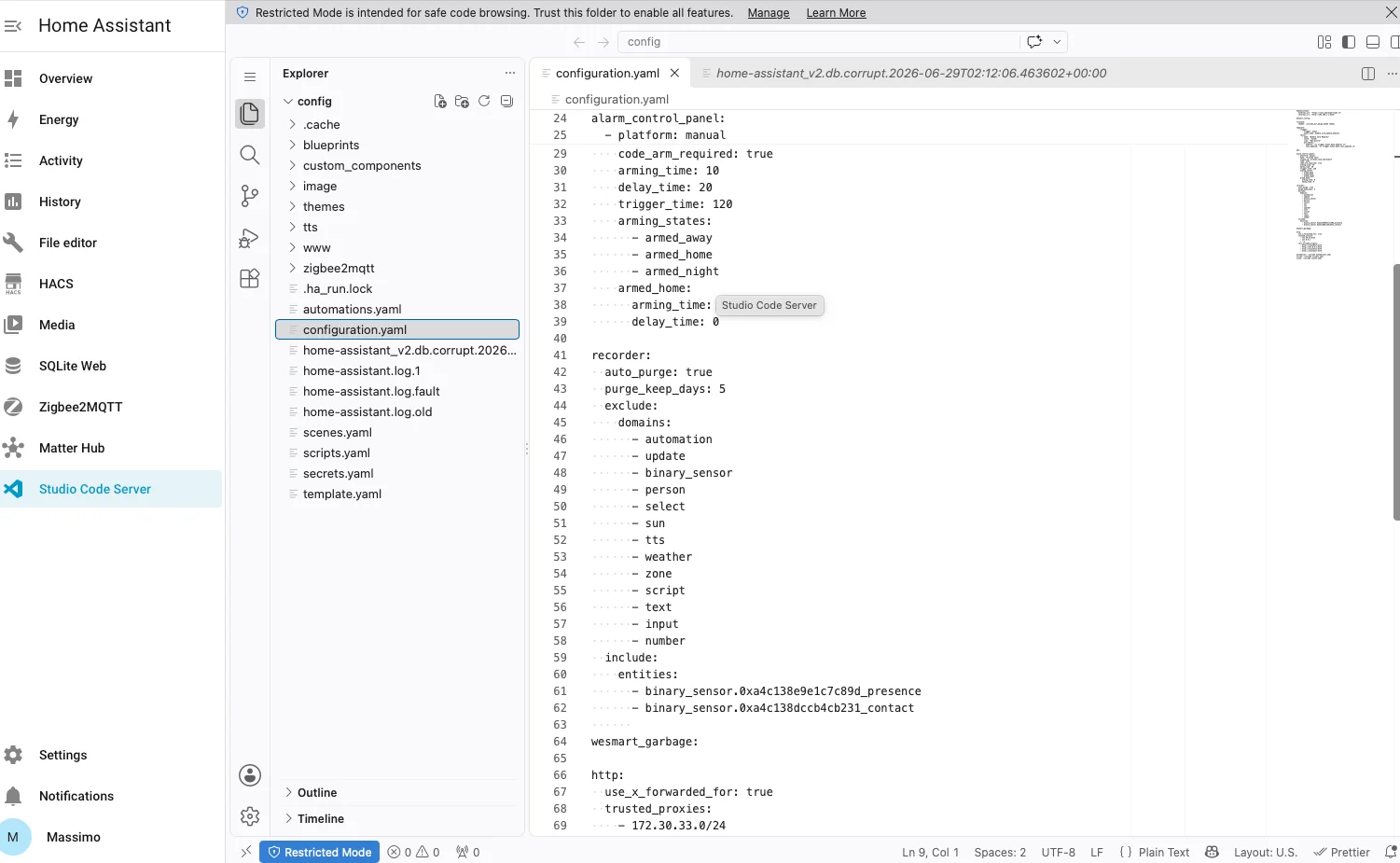 Modifica della configurazione di Home Assistant in Visual Studio Code