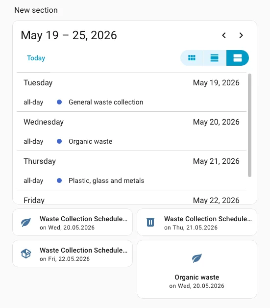 Esempio card Waste Collection Schedule su dashboard Home Assistant
