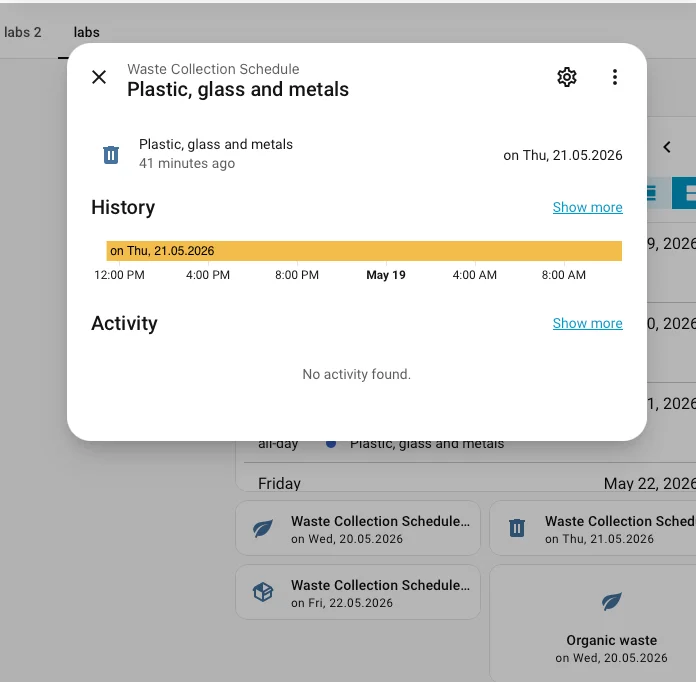 Dettaglio entità Waste Collection Schedule in Home Assistant