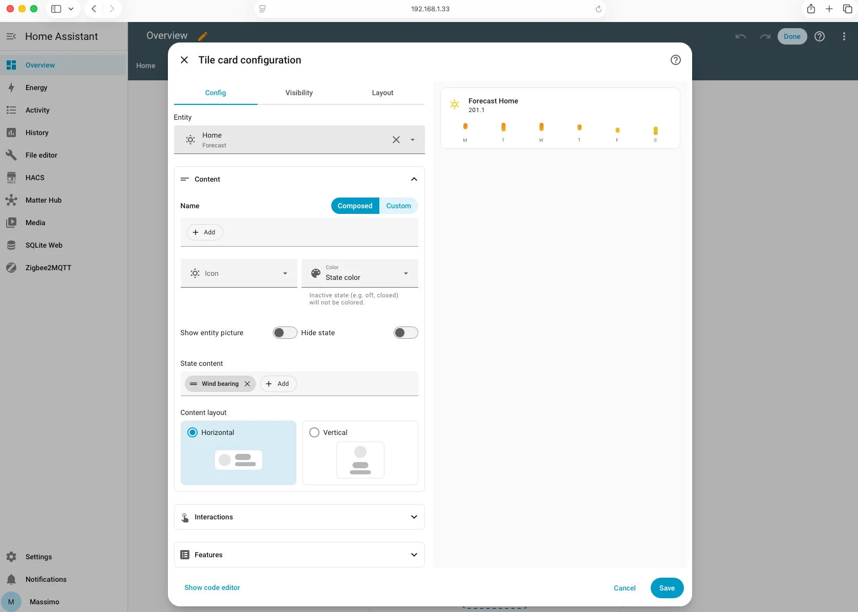 Configurazione tile card meteo Home Assistant 2026.6 con previsioni temperatura a barre nella sezione Features