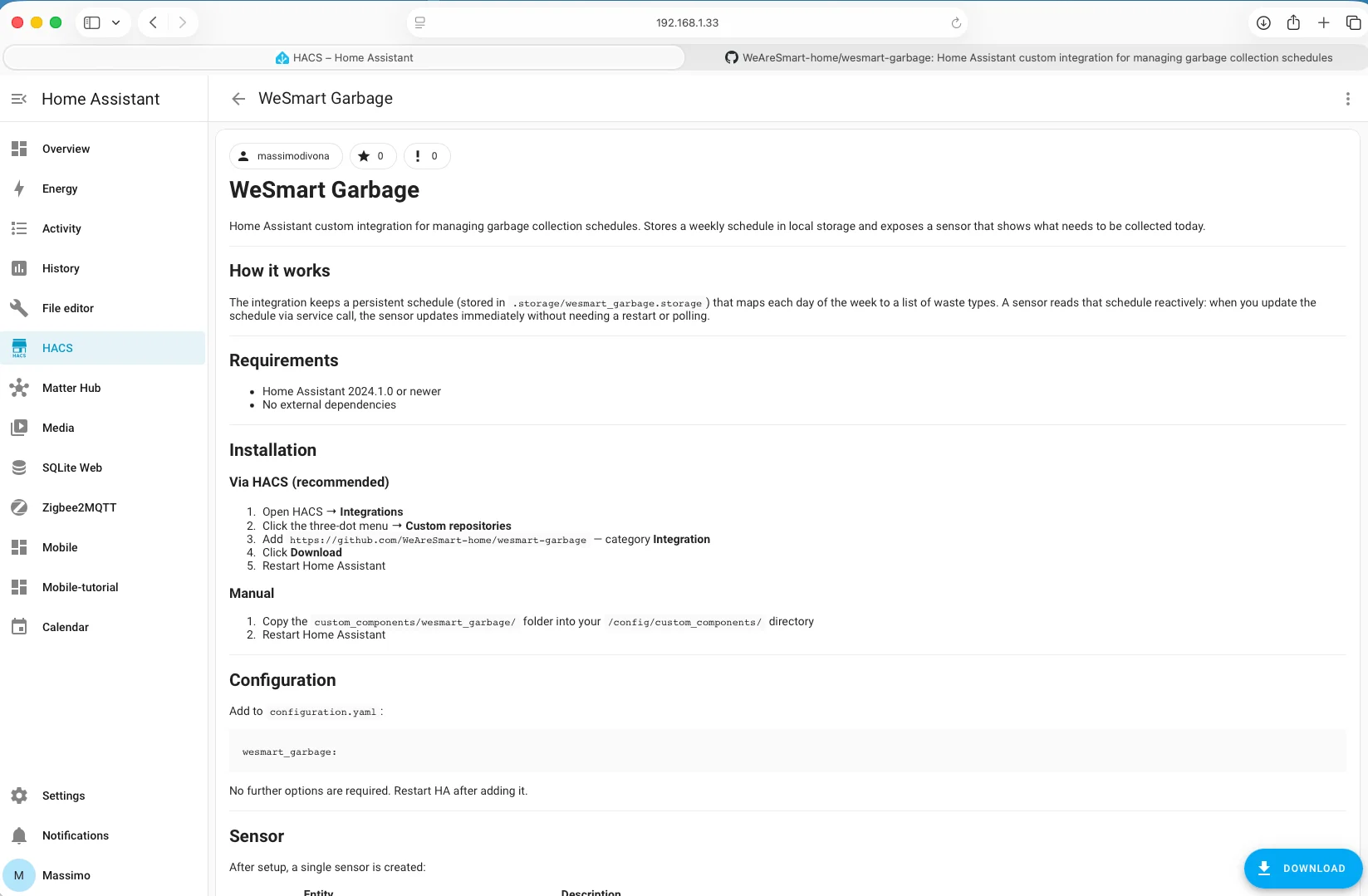 Download integrazione WeSmart Garbage da HACS
