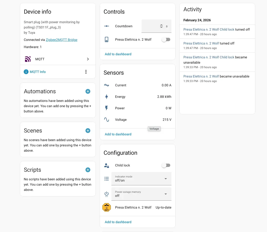 Attributi dell'entità della presa Wolf in Home Assistant