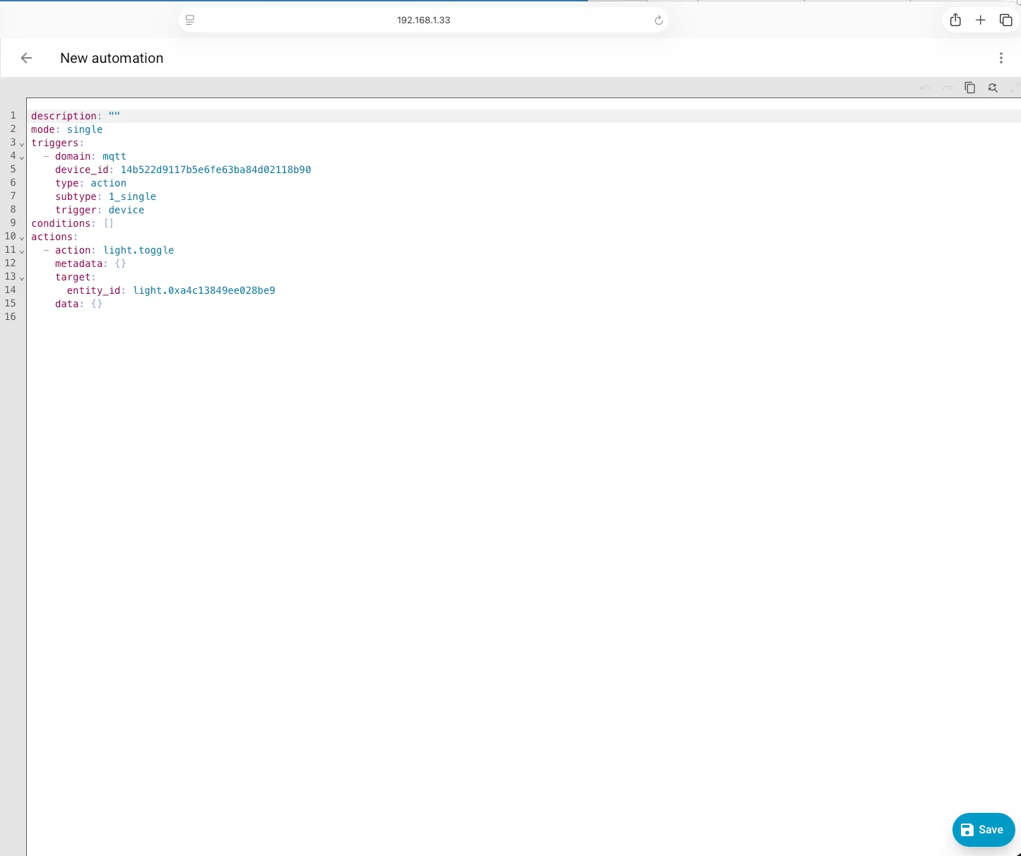 Vista YAML generata automaticamente dall'editor automazioni di Home Assistant