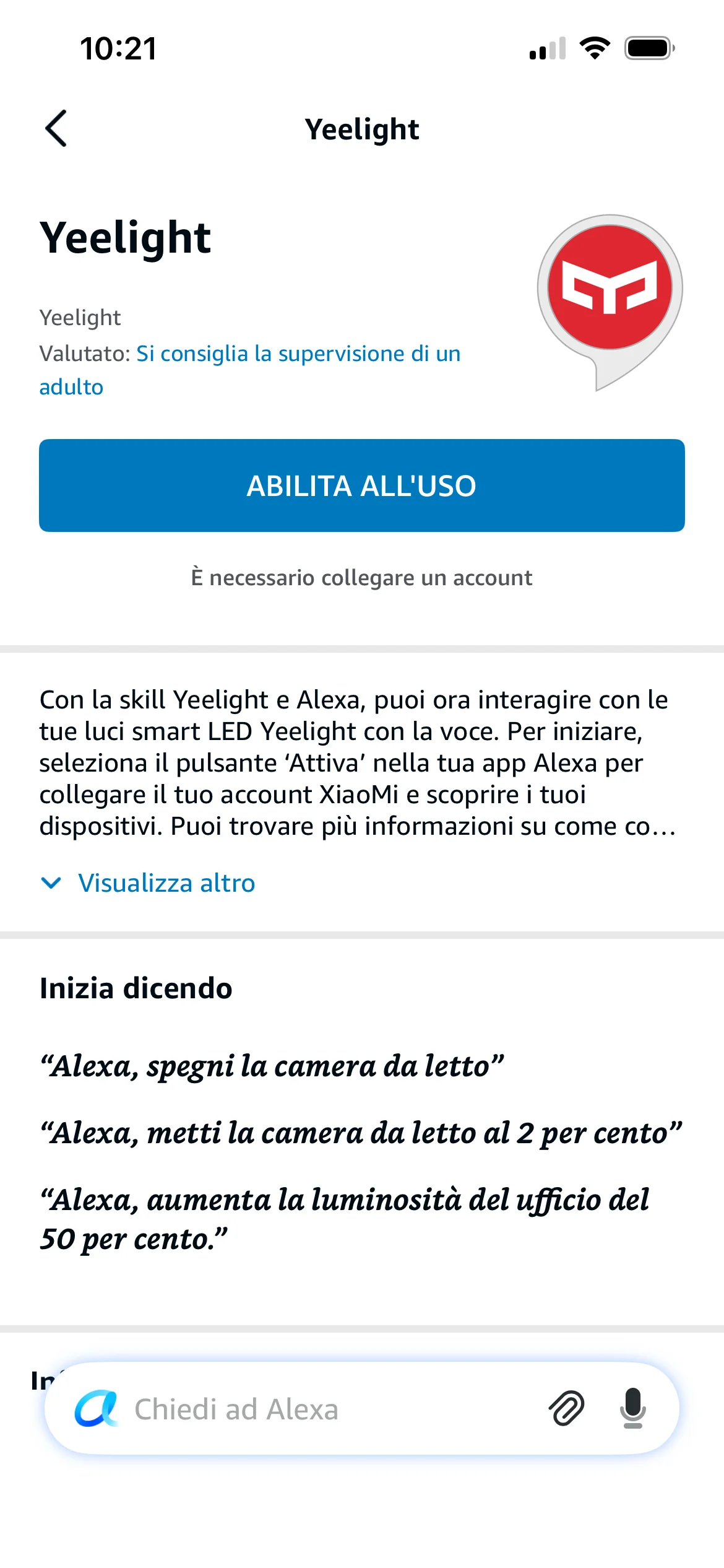 Lampadina Yeelight configurata nell'app Alexa prima della migrazione