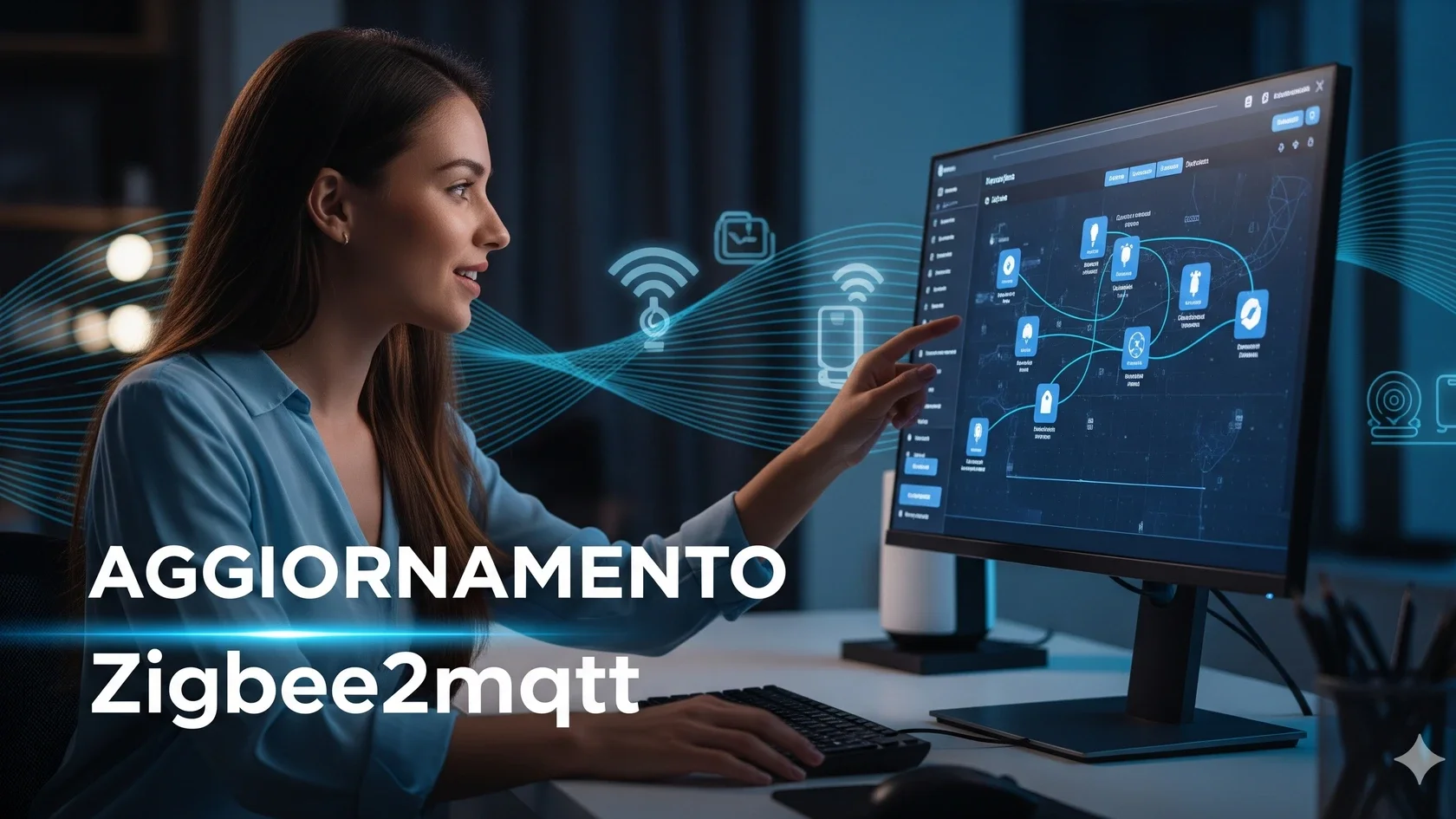 Donna che interagisce con terminale/pc e scritto Aggiornamento Zigbee2MQTT