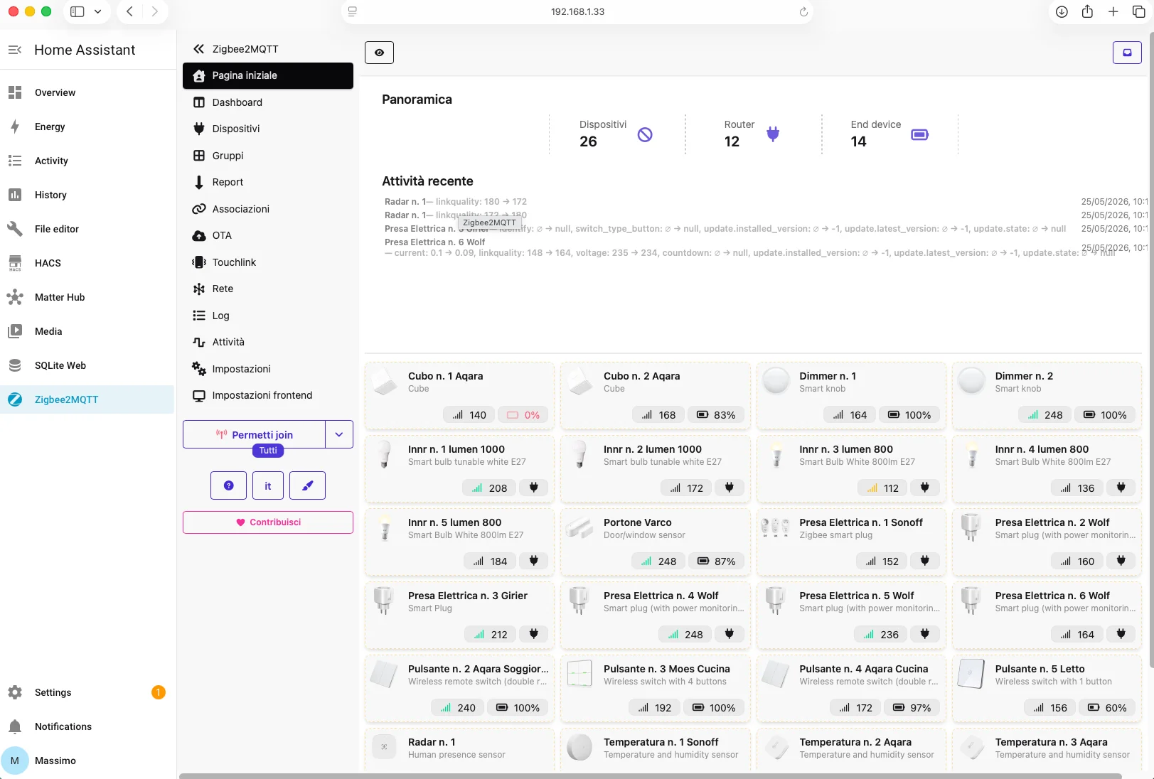 Pulsante Permetti join nel pannello Zigbee2MQTT di Home Assistant