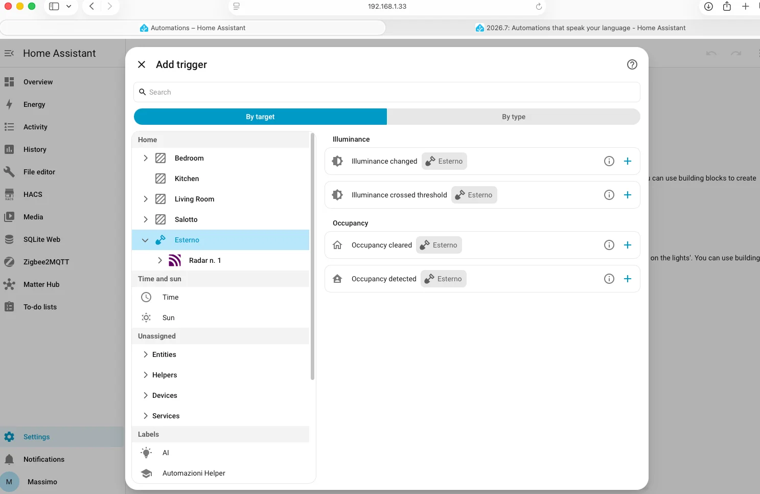 Picker Add trigger di Home Assistant con targeting per area Esterno nel tab By target