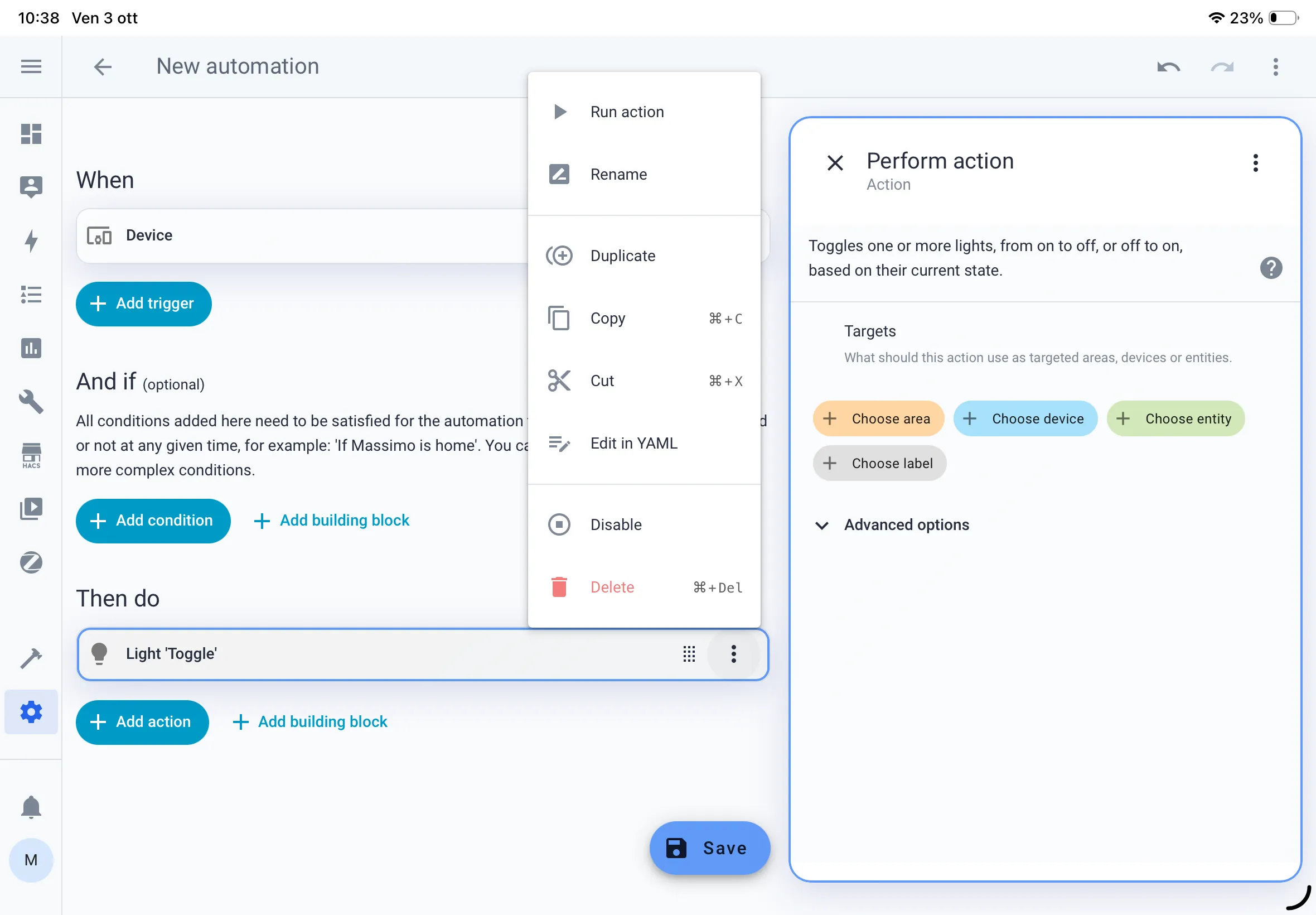 Schermata editor  home assistant menu popup