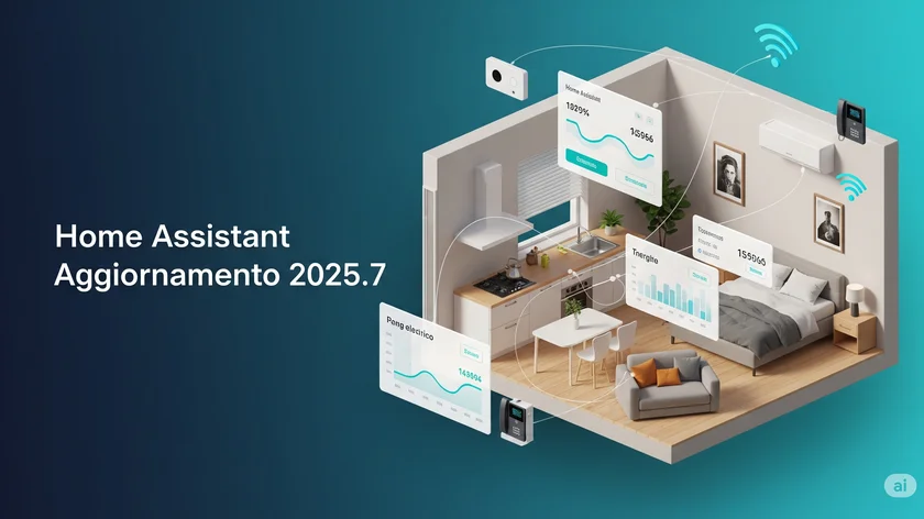 Stanza con tutti collegamenti smart virtuali con scritta ad un lato: Home assistant aggiornamneto 2025.7