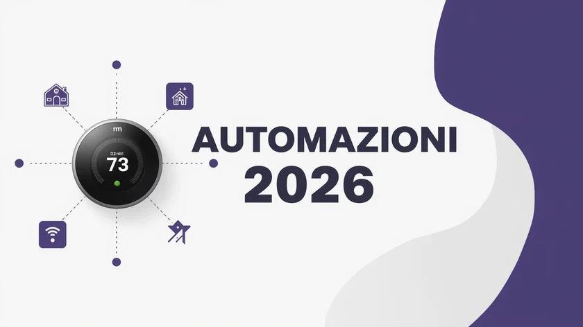 Scritta Automazioni 2026 per riscaldamento su sfondo viola e alcune incone di smarthome