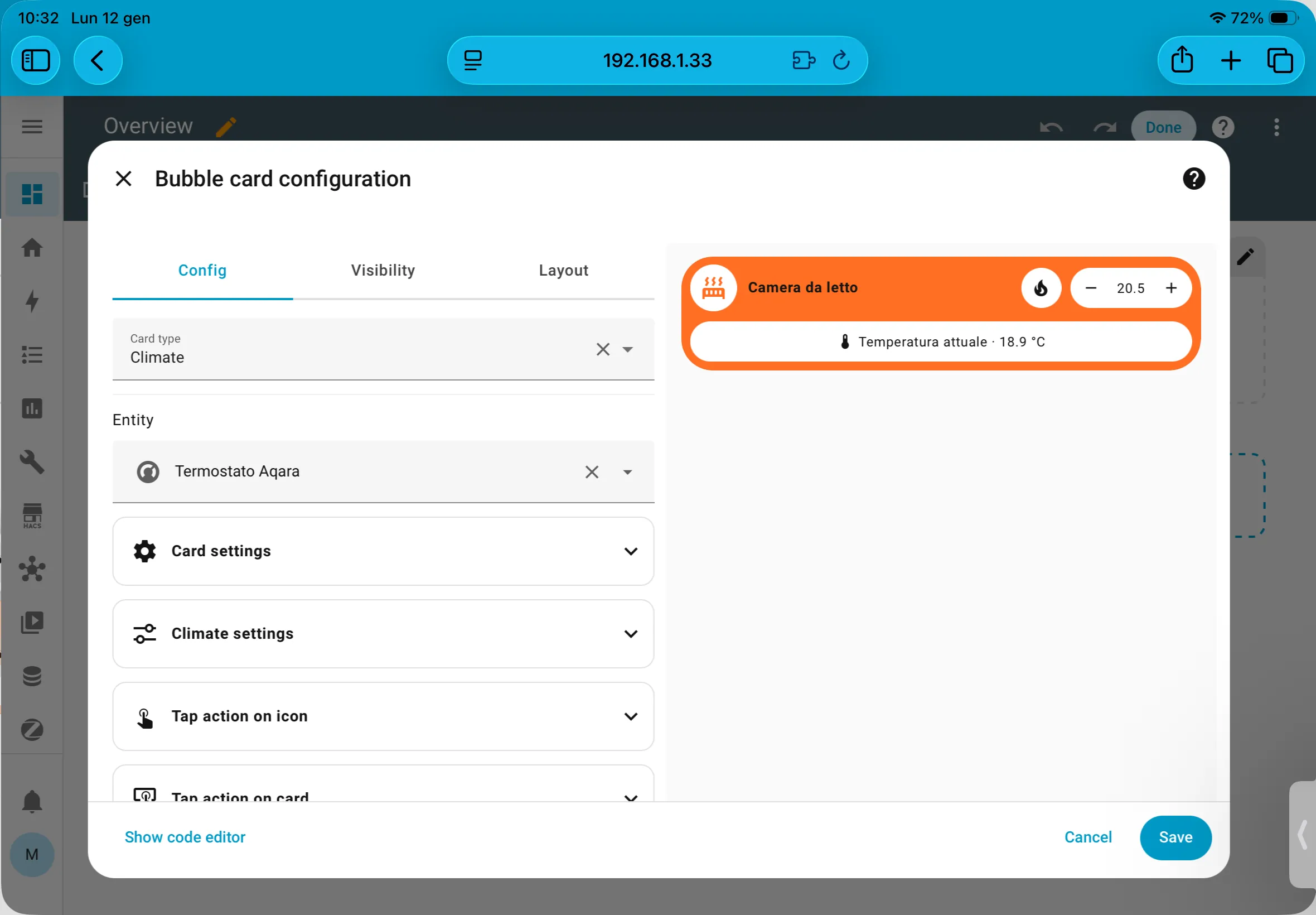 Pagina di configurazione di uno bubble climate