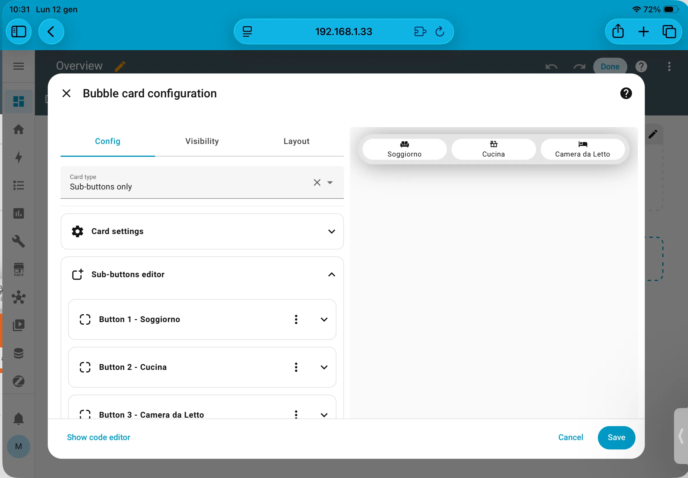 Button slider di Bubble card 3.1 in home Assistant