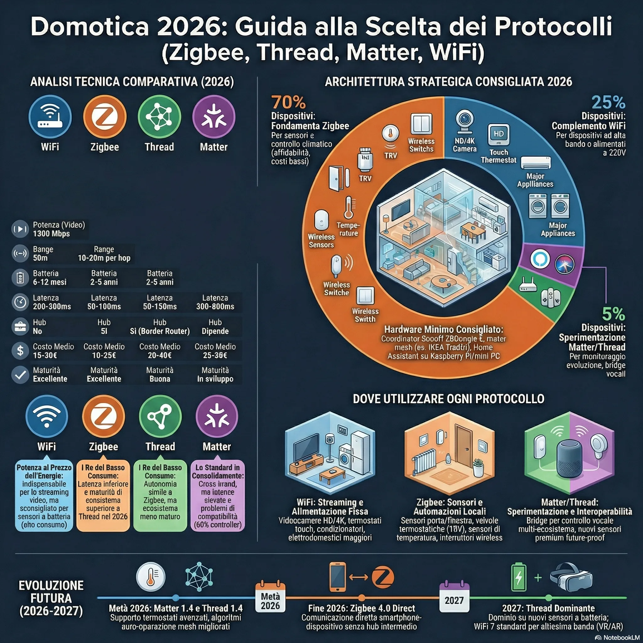 Tabella comparativa completa dei protocolli Zigbee, Thread, Matter e WiFi per smart home: confronto di banda, consumo energetico, portata, latenza e casi d'uso ottimali