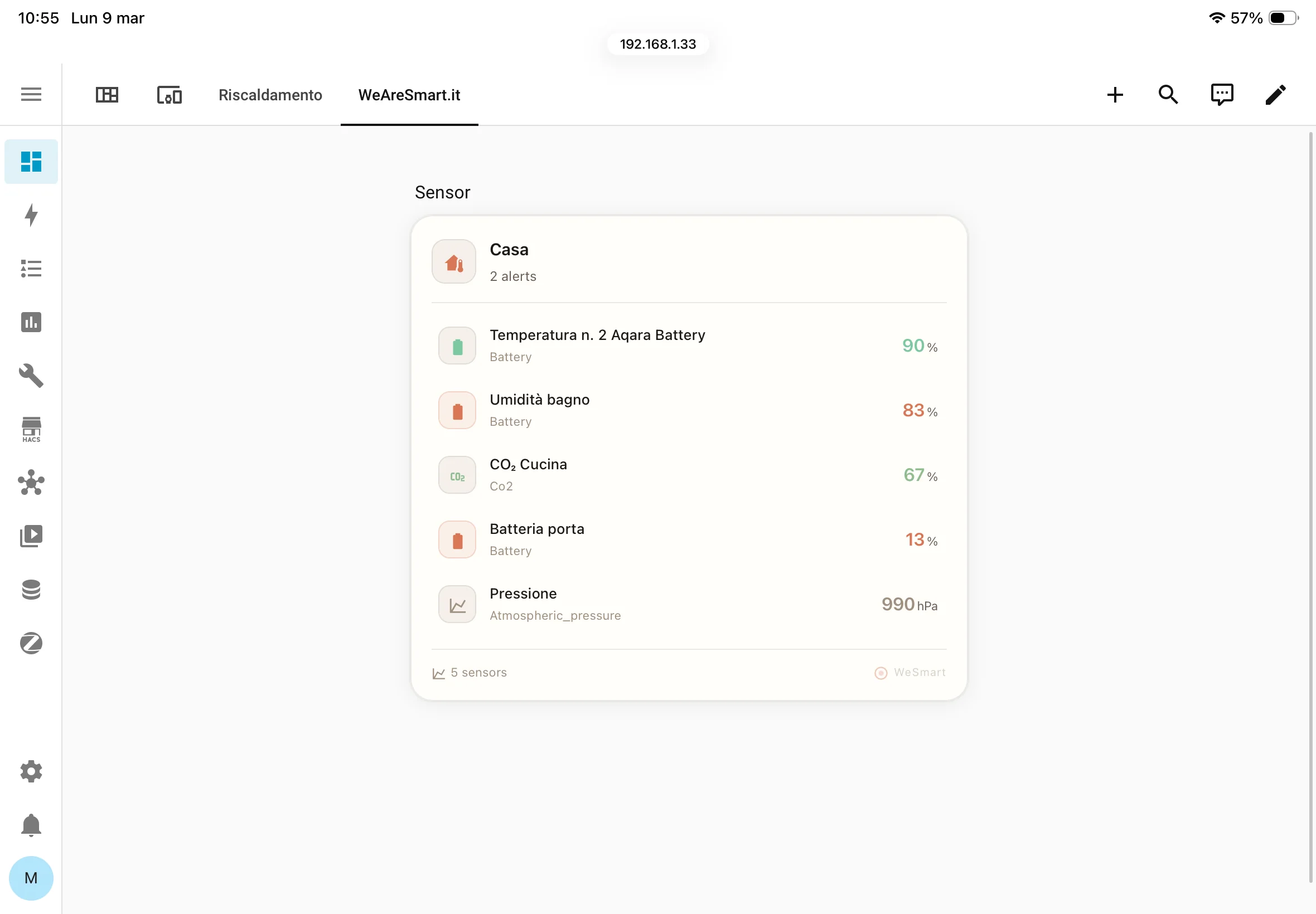 WeSmart Sensors Card per Home Assistant - monitoraggio sensori con alert
