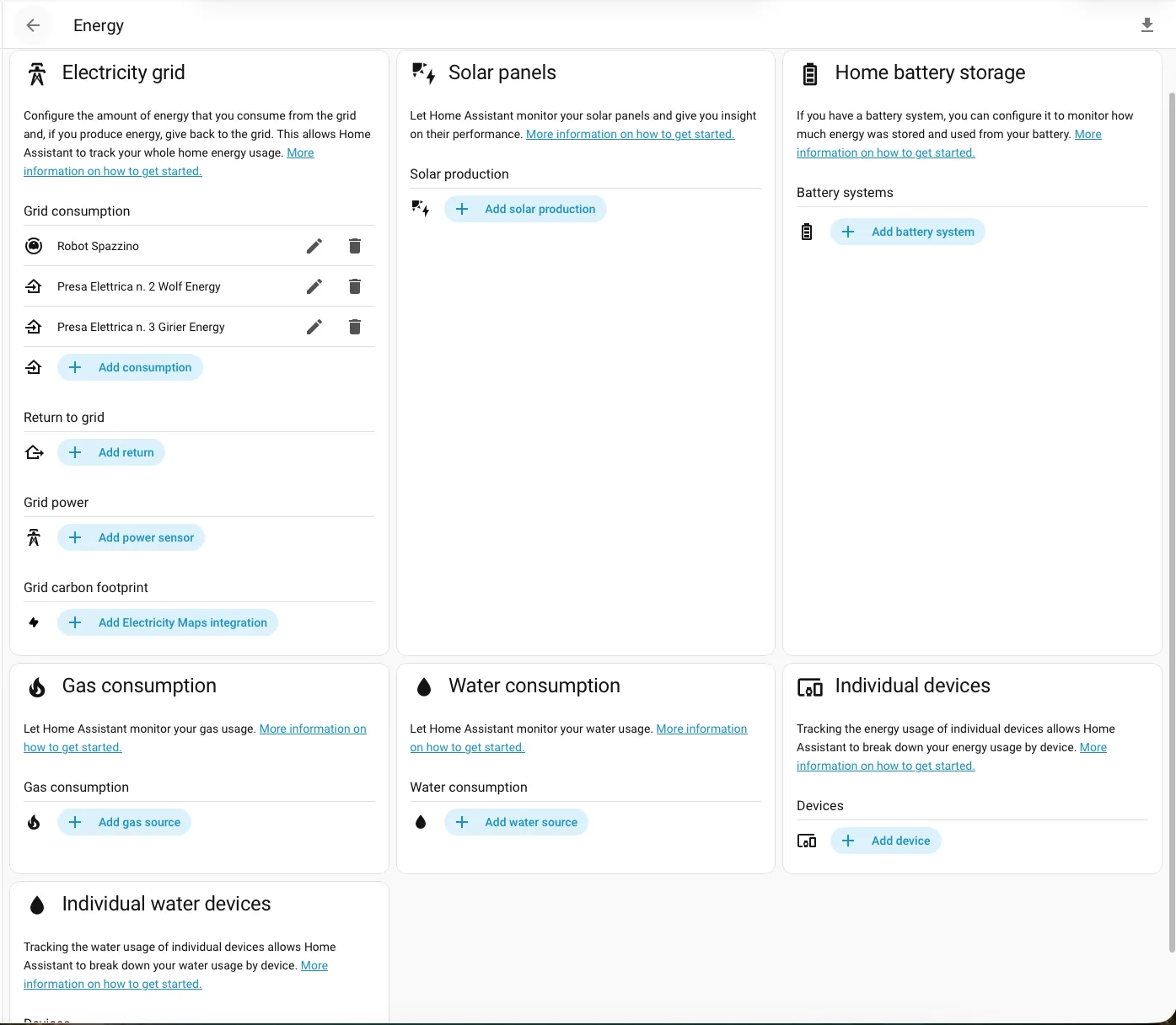 Energy Dashboard - impostazioni e modifica configurazione