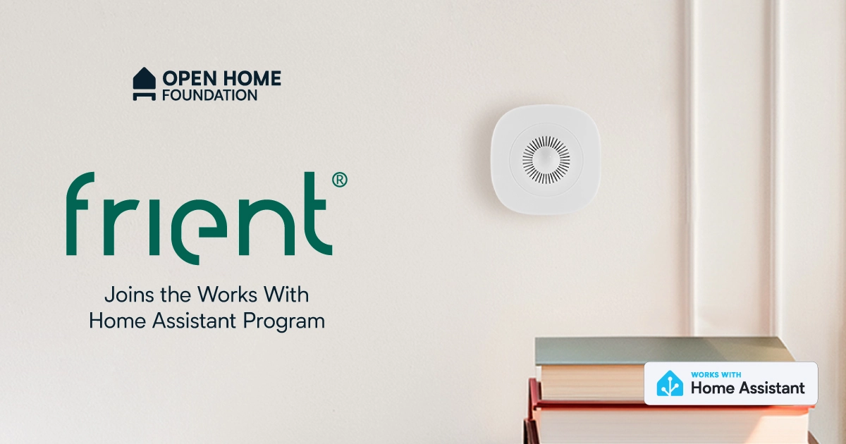 Prodotto frient installato sul muro e scritta Frient Joind the works with Home Assistant Program