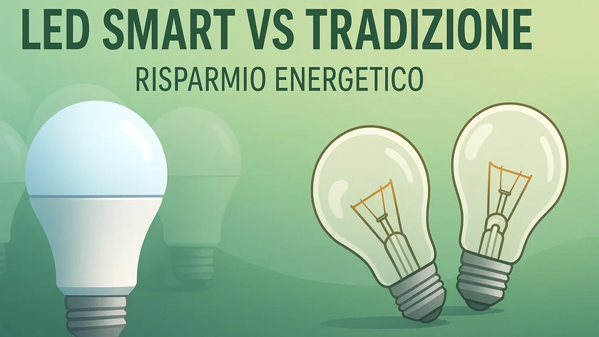 Lampade Led su sfondo Verde con scritta LED vs Tradizionali Risparmio Energetico