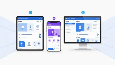 Tre schermi affiancati: tablet, phone, e pc con schermate di Home Assistant Concept