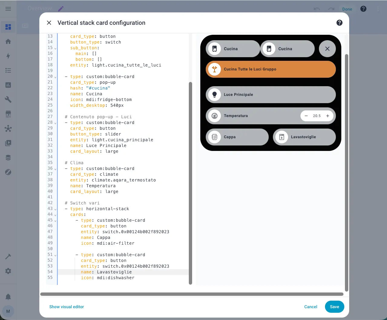 Esempio pop-up Bubble Card - Struttura base