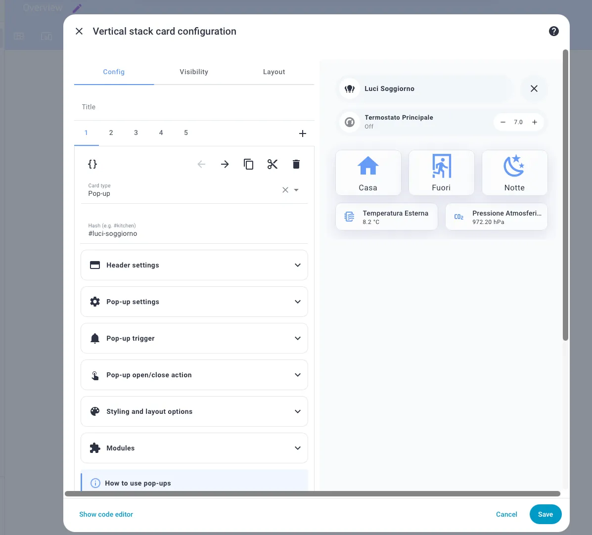 Esempio pop-up media center