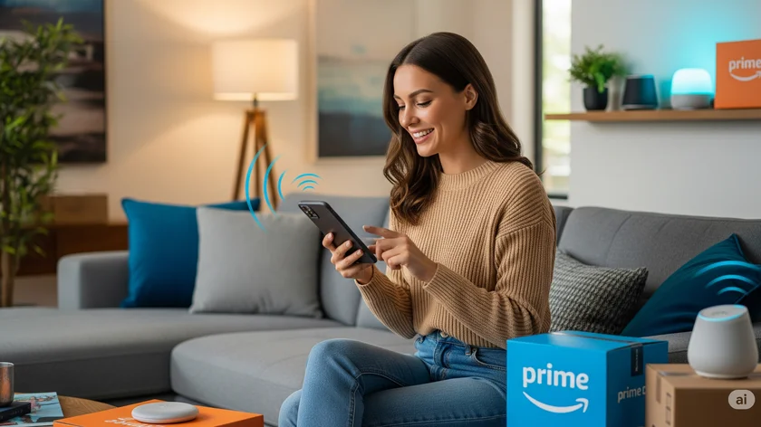 Donna giovane che con in mano in telefonino fa acquisti per Prime Day Amazon 2025 offerte smart home