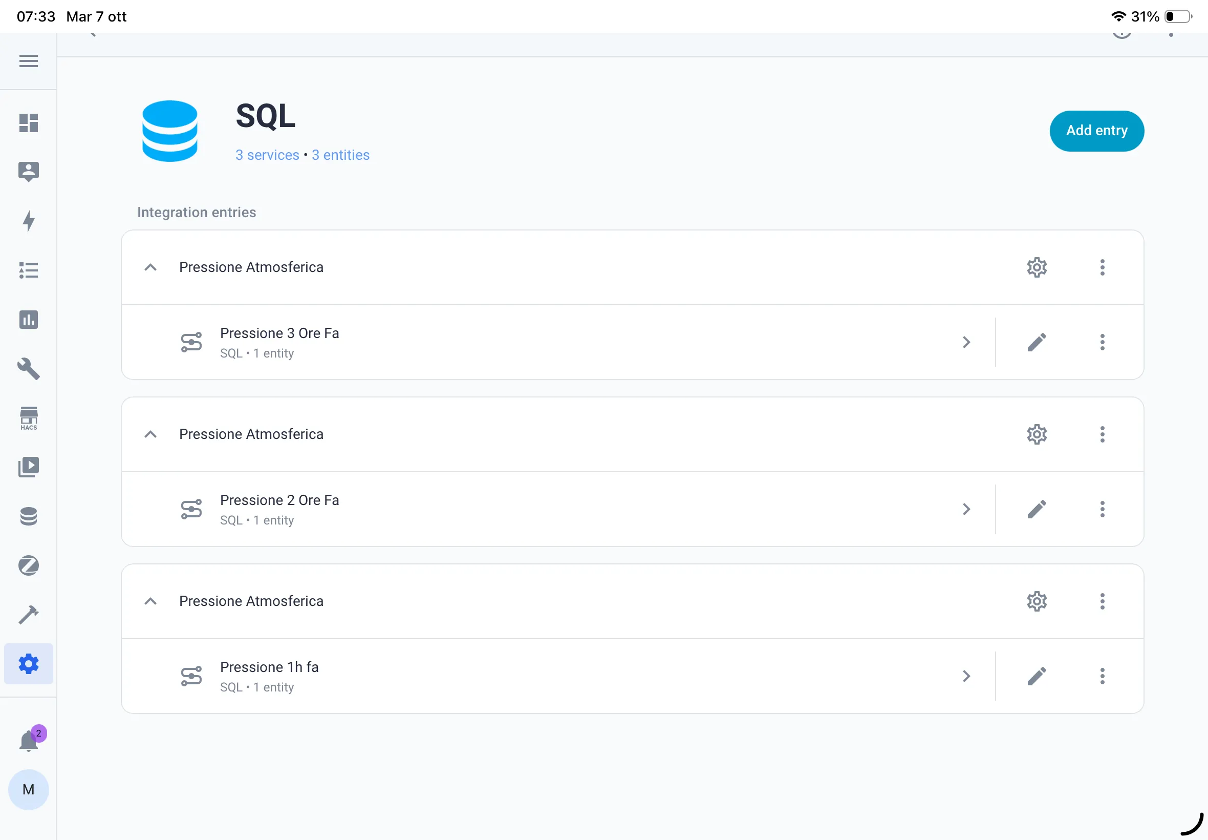 Vista di Integrazione SQL in Home Assistant
