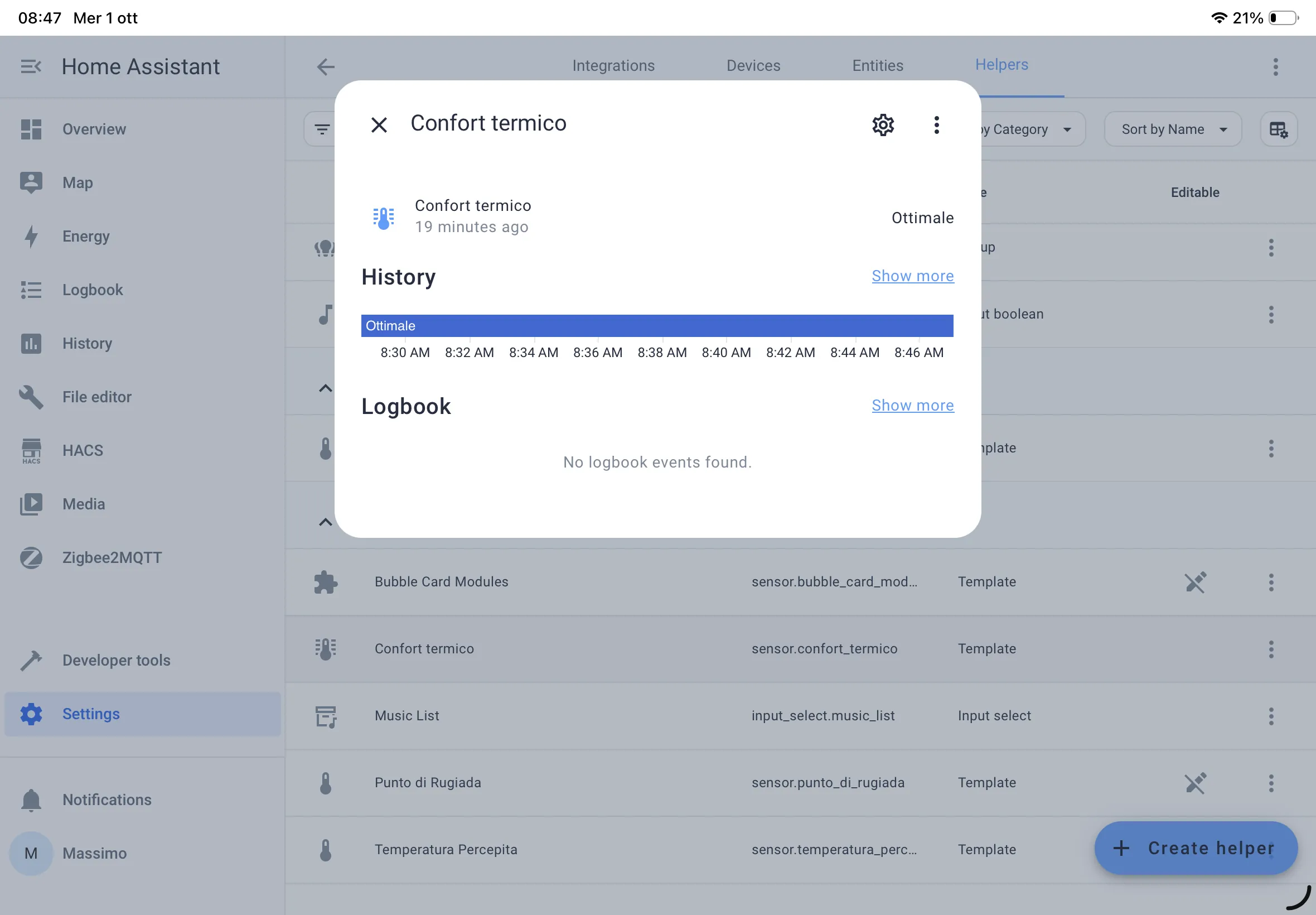 Vista di Card home assistant di sensore Confort Termico