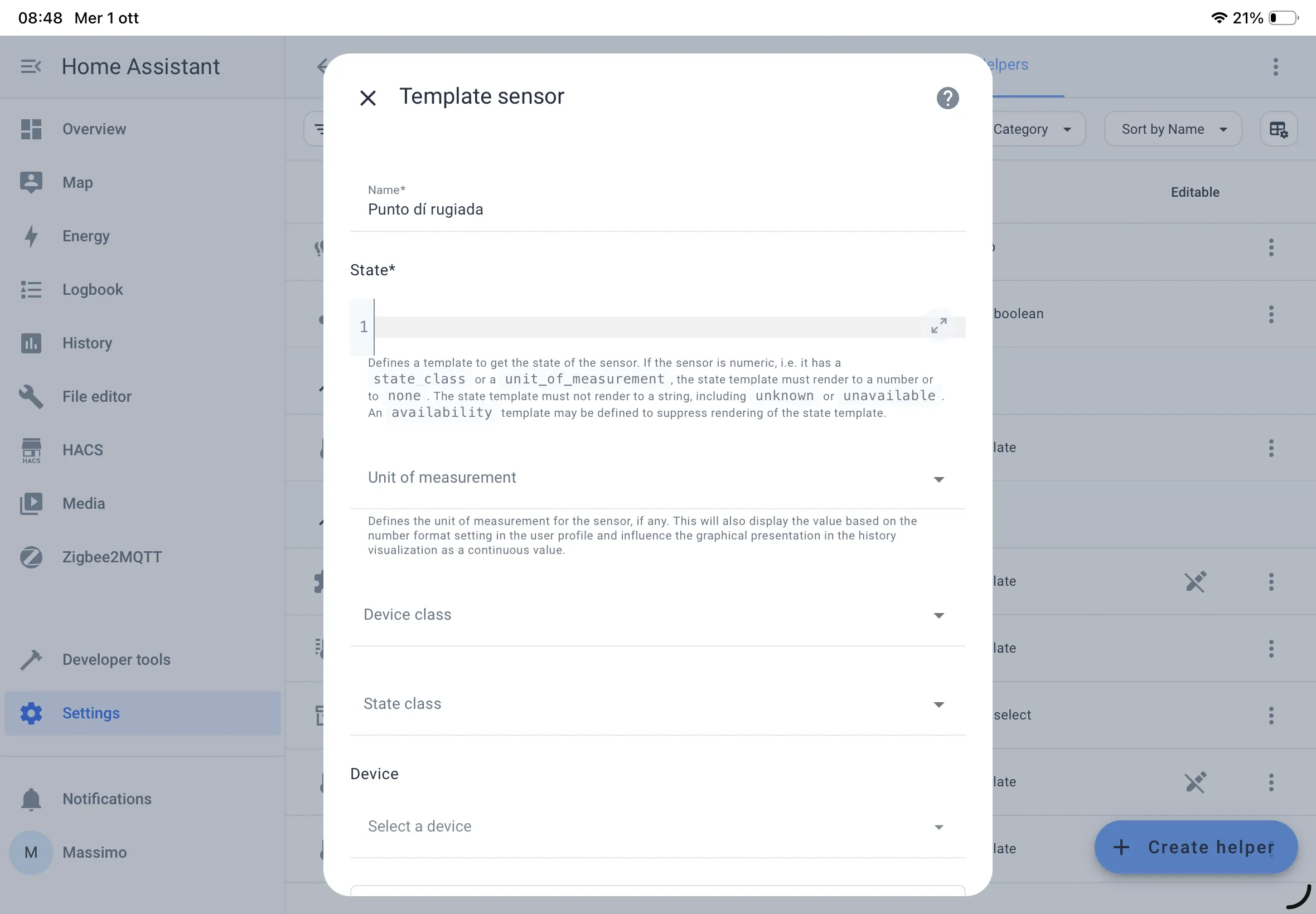 Schermata editor template home assistant