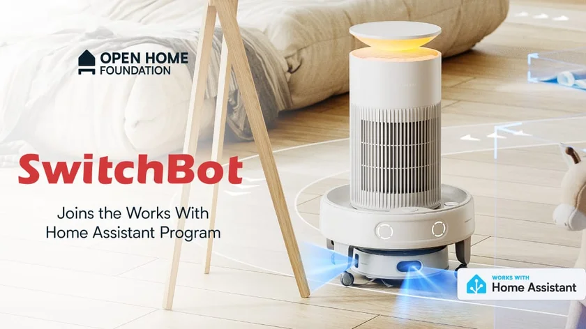 Scorcio di un appartamento con prodotti SwitchBot e scritta Work with home assistant