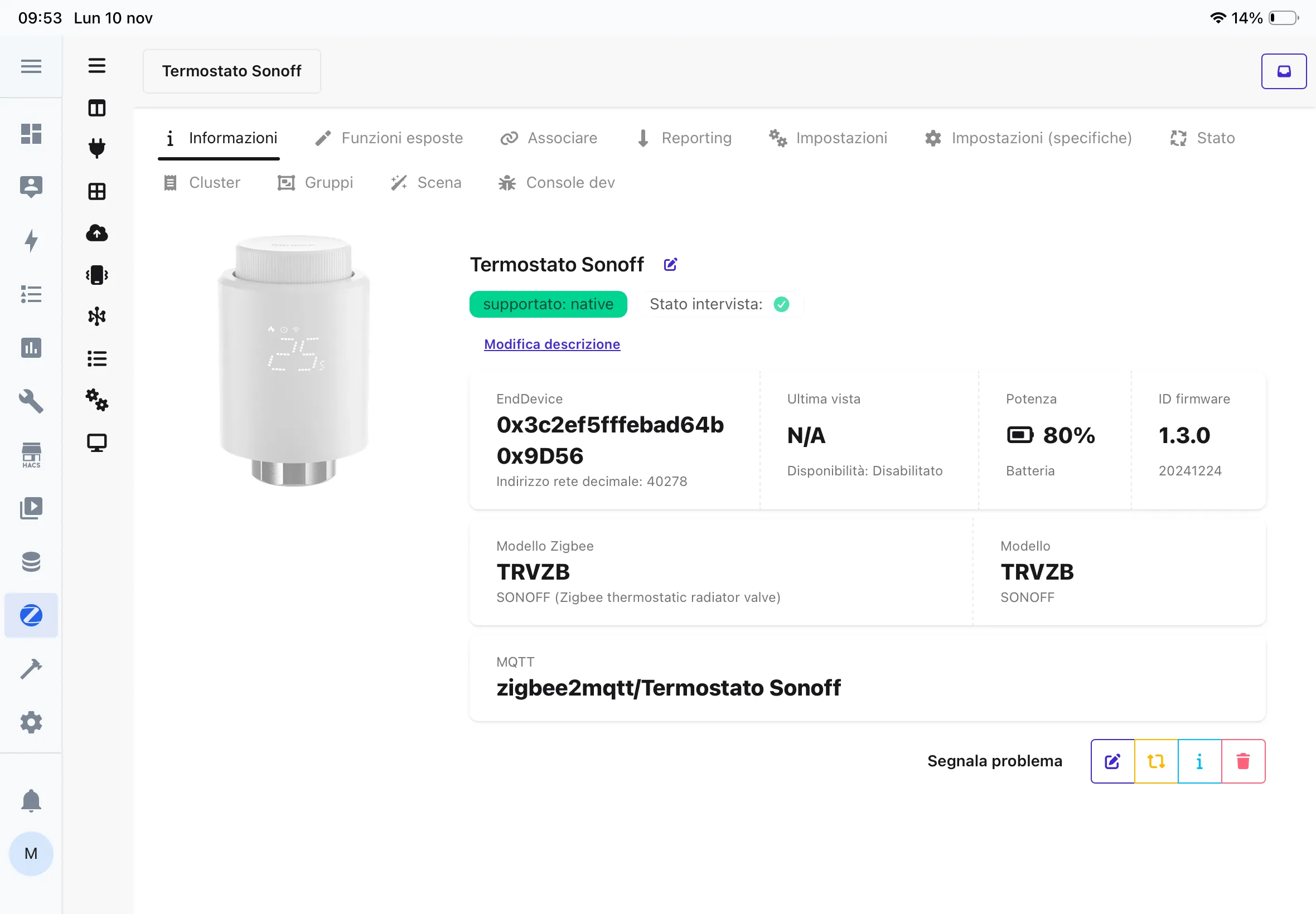 ZigBee dashboard relativa a valvola sonoff termostatica smart