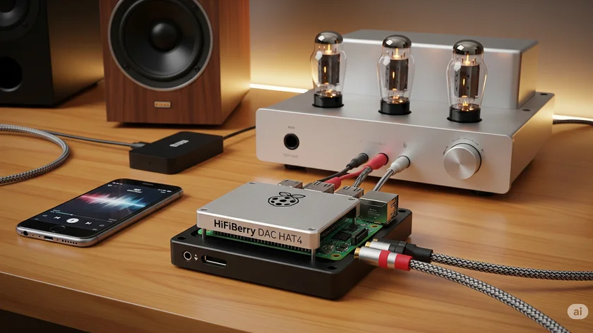 Scrivania con dispositivi di ascolto HiFi, Volumio Software, Raspberry pi e Speaker con Dac collegati