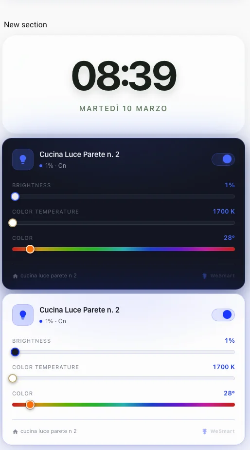 WeSmart Infinite Color Card applicata alle clock e light card con colori diversi