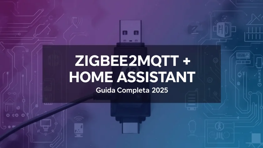 Scritta zigbee2mqtt + homeassistant guida installazione su sfondo moderno tecnologico astratto